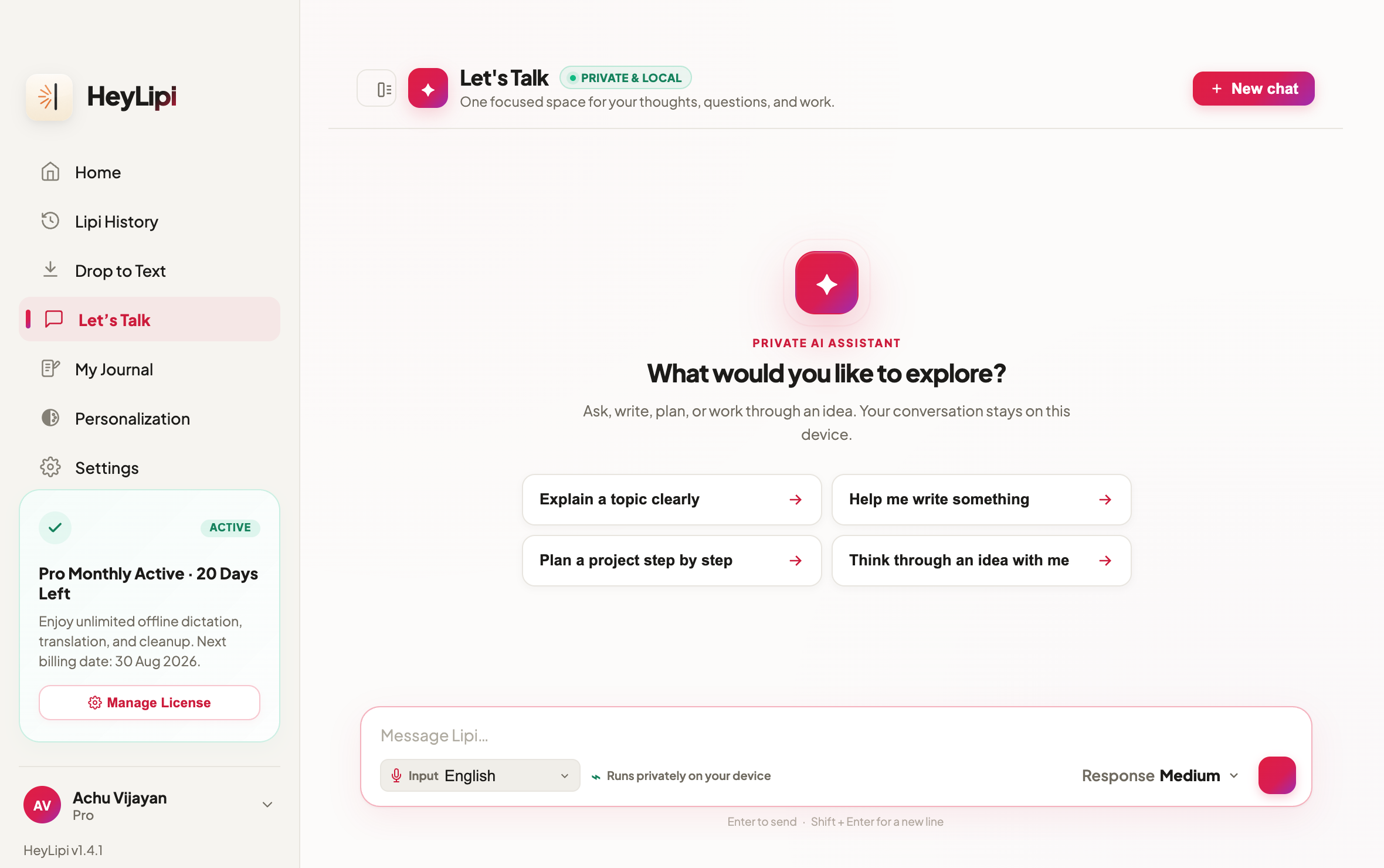 A Private AI Chat, Fully Offline — current Lipi interface